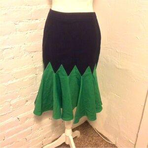 Kenzo color block trumpet skirt green & black wool small